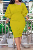グリーン エレガント ソリッド パッチワーク フォールド アシンメトリー カラー ワンステップ スカート ドレス