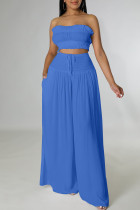 Blue Sexy Solid Patchwork Stringy Selvedge Strapless Sleeveless Two Pieces