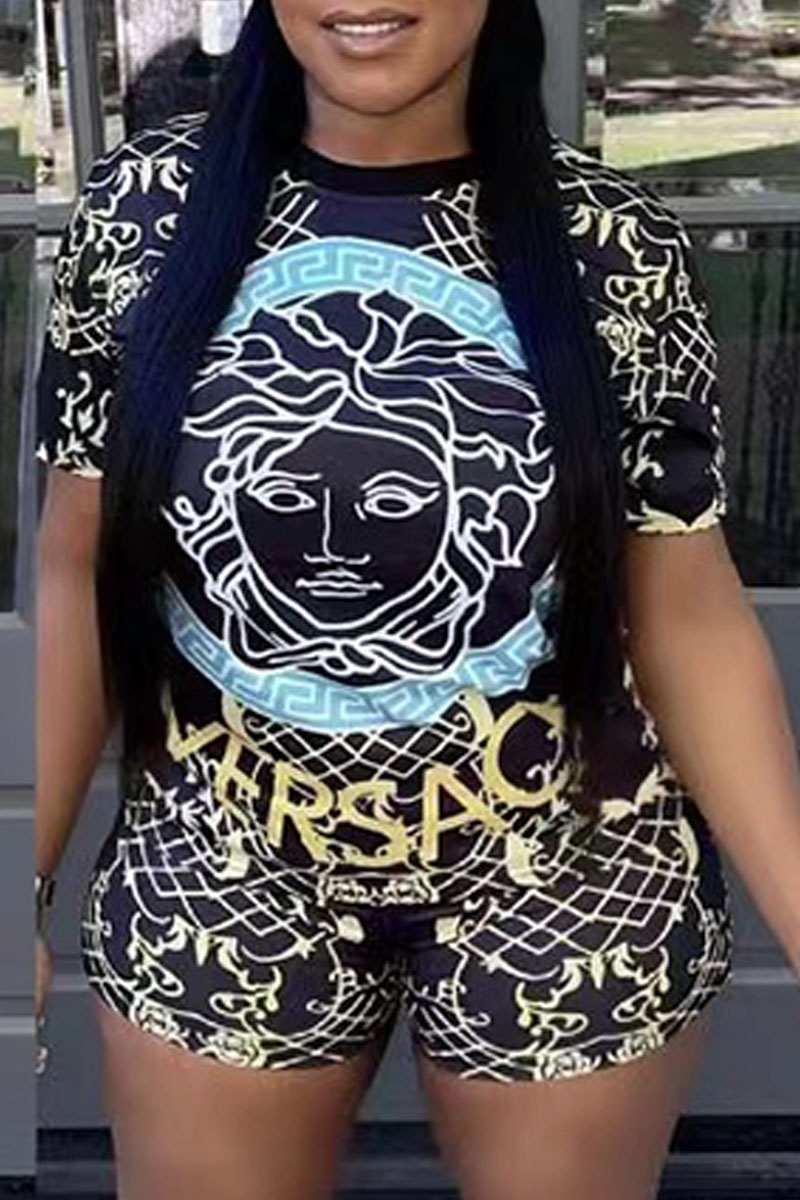 

Black Fashion Casual Print Letter O Neck Short Sleeve Two Pieces