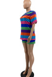 Multicolor Fashion Casual Striped Print Basic O-Ausschnitt Kurzarm Zweiteiler