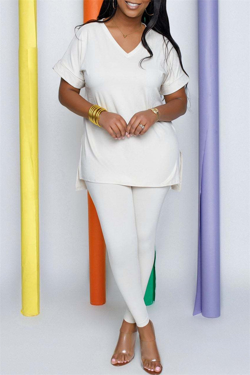 

Milky Fashion Casual Solid Slit V Neck Short Sleeve Two Pieces