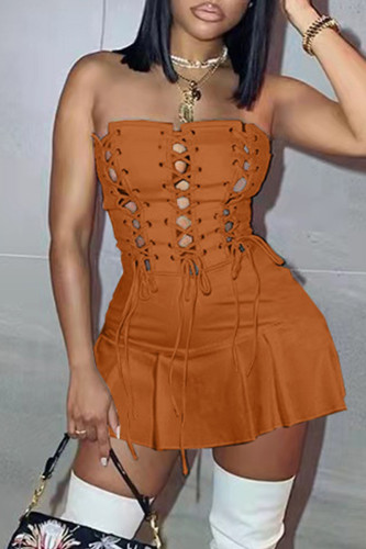 Brown Fashion Sexy Solid Backless Strap Design Trägerloses ärmelloses Kleid Kleider