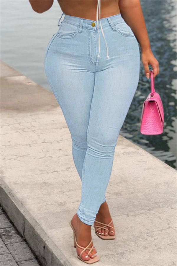 Jeans jeans skinny casual moda casual básica sólida cintura alta bebê