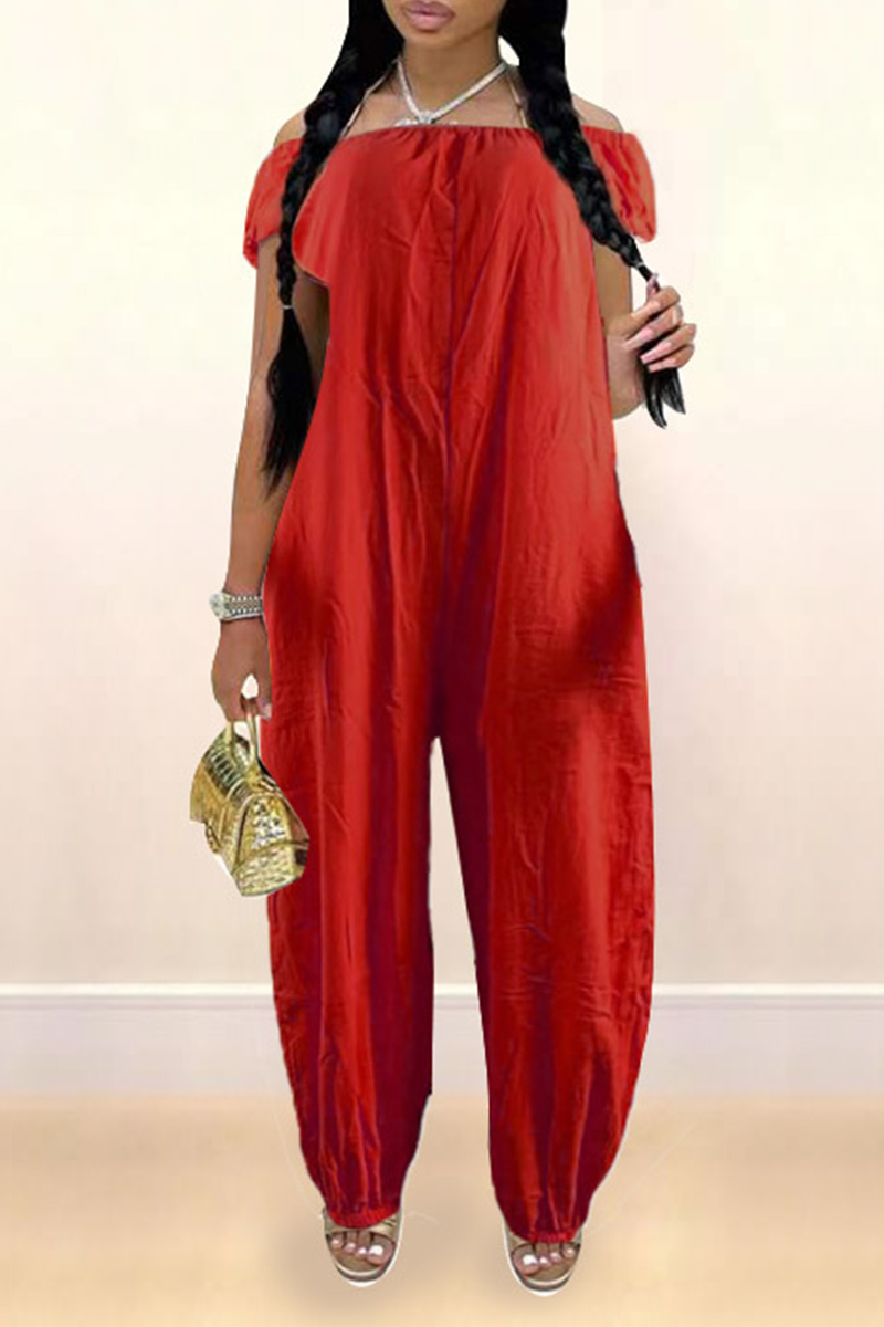 

Red Casual Solid Split Joint Off the Shoulder Harlan Jumpsuits