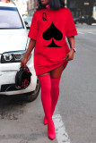 Röda Casual Print Patchwork O-hals raka klänningar