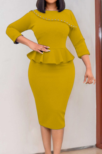 Yellow Elegant Solid Split Joint Flounce Beading O Neck One Step Skirt Dresses