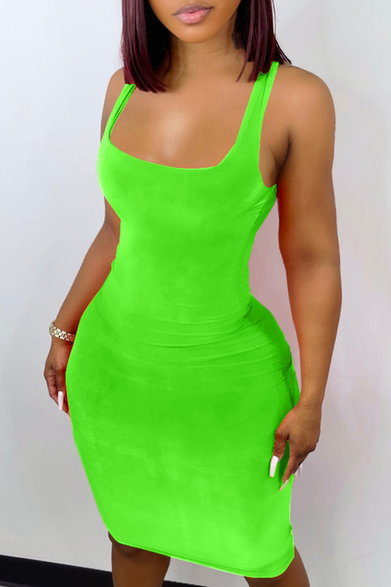 

Fluorescent Green Sexy Casual Solid Basic Square Collar Vest Dress