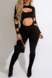 Zwarte mode sexy effen uitgeholde skinny jumpsuits met o-hals