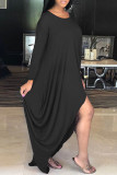 Dark Gray Fashion Casual Solid Asymmetrical O Neck Long Sleeve Dresses