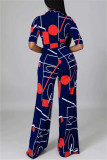 Diepblauwe Mode Casual Print Basic V-hals Regular Jumpsuits
