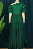 Vestido de noche de cuello oblicuo de patchwork sólido elegante verde Vestidos