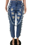 Blue Fashion Casual Solid Tassel Ripped Patchwork Mid Waist Skinny Denim Jeans