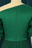 グリーン エレガント ソリッド パッチワーク 斜めカラー イブニングドレス ドレス