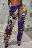 Nappa viola con stampa di strada sexy per realizzare vecchi pantaloni con stampa di posizionamento dritti a vita alta patchwork