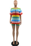 Multicolor Fashion Casual Striped Print Basic O Neck Short Sleeve Two Pieces