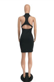 Black Sexy Casual Solid Backless Zipper Collar Sleeveless Dress Dresses