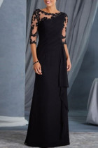 Schwarzes, elegantes, festes, durchsichtiges Patchwork-Abendkleid mit O-Ausschnitt