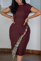 Burgundy Sexy Solid Split Joint O Neck Pencil Skirt Dresses