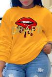 Yellow Fashion Casual Lips Printed Patchwork O Neck Tops