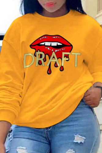 Yellow Fashion Casual Lips Printed Split Joint O Neck Tops