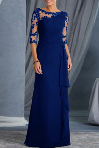 Tibetan Blue Elegant Solid Split Joint See-through O Neck Evening Dress Dresses