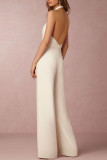 Röd Simplicity Solid Patchwork Backless Halter Straight Jumpsuits