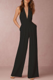 White Simplicity Solid Patchwork Backless Halter Straight Jumpsuits