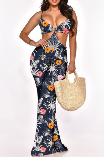 White Fashion Sexy Print Patchwork Backless Spaghetti Strap Regular Jumpsuits