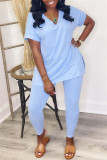 Baby Blue Fashion Casual Solid Slit V Neck Short Sleeve Two Pieces