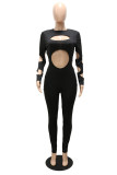 Black Fashion Sexy Solid Hollowed Out O Neck Skinny Jumpsuits