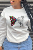 White Casual Street Butterfly Print Patchwork Letter O Neck Tops
