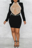 Black Fashion Sexy Patchwork Hot Drilling See-through Pearl O Neck Long Sleeve Dresses