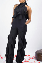 Black Sexy Casual Solid Patchwork Backless Turtleneck Regular Jumpsuits