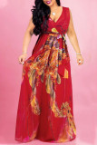 Rode casual zoete print patchwork V-hals rechte jurken