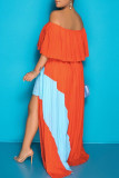 オレンジ カジュアル ソリッド パッチワーク フォールド 非対称 オフショルダー ストレート プラス サイズ ドレス