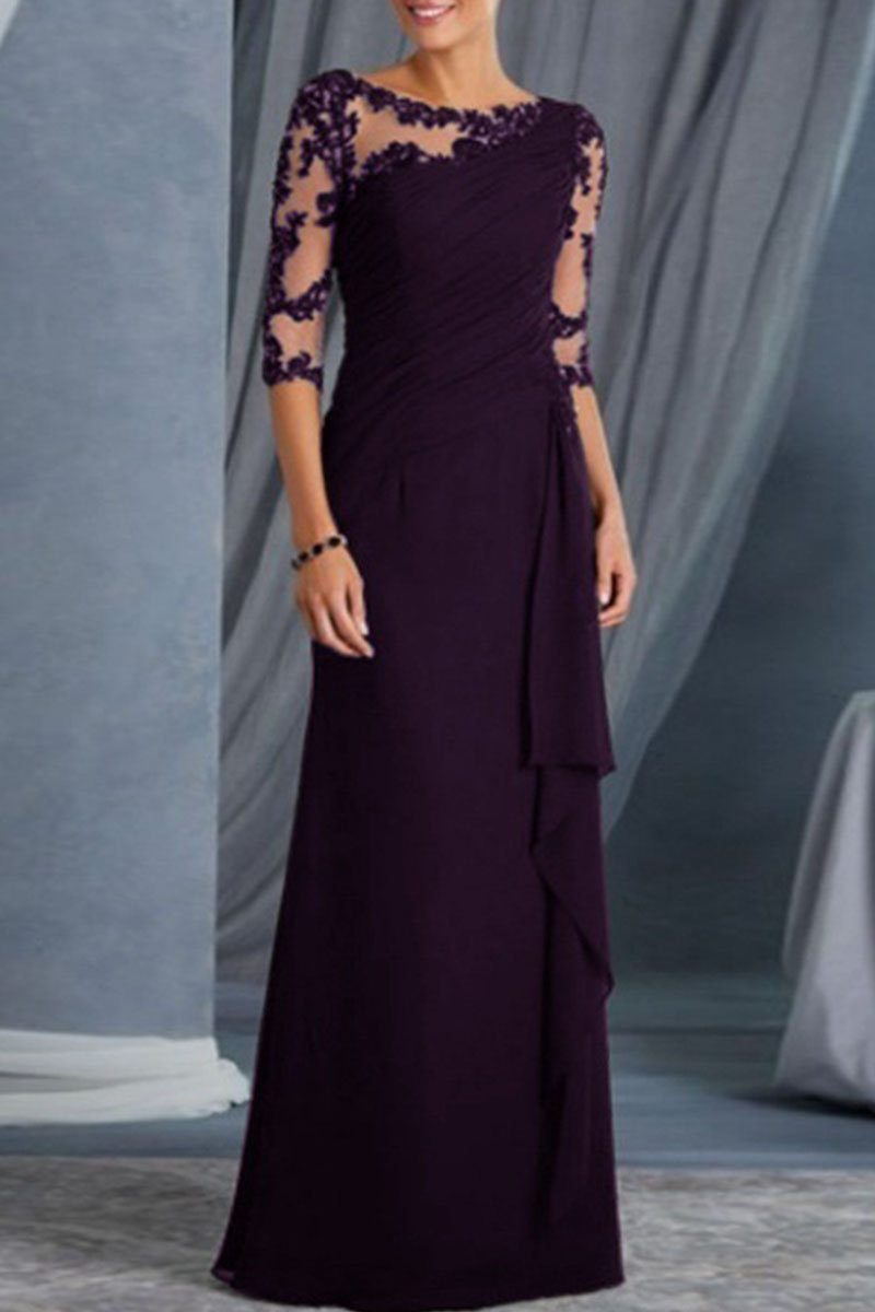 

Purple Elegant Solid Split Joint See-through O Neck Evening Dress Dresses