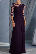 Lila, elegantes, durchsichtiges Patchwork-Abendkleid mit O-Ausschnitt