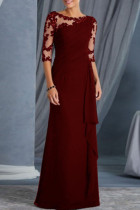 Burgunderfarbenes, elegantes, durchsichtiges Patchwork-Abendkleid mit O-Ausschnitt