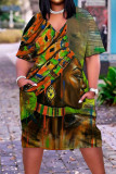 Green Casual Street Print Patchwork V Neck Straight Plus Size Dresses