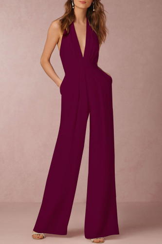 Burgundy Simplicity Solid Patchwork Backless Halter Straight Jumpsuits