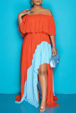 Orange Casual Solid Patchwork Fold Asymmetrical Off the Shoulder Straight Plus Size Dresses
