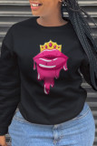 Black Fashion Casual Lips Printed Patchwork O Neck Tops