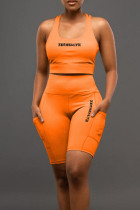Мандариновый Повседневная спортивная одежда С принтом Пэчворк U-образный вырез Без рукавов Из двух частей