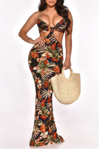 Tangerine Red Fashion Sexy Print Patchwork Backless Spaghetti Strap Macacões Regulares