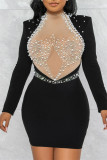 Черные модные сексуальные лоскутные платья с горячим бурением, прозрачные жемчужные платья с круглым вырезом и длинными рукавами