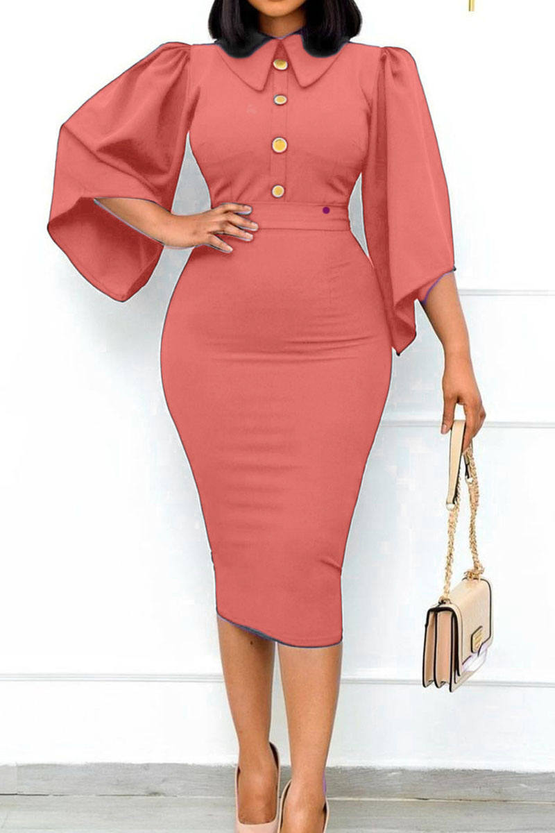 

Pink Casual Daily Solid Split Joint Buckle Turndown Collar One Step Skirt Dresses