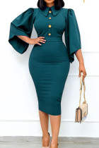 Vert décontracté quotidien solide Patchwork boucle col rabattu une étape jupe robes