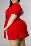 Macacão vermelho fashion casual sólido vazado com decote em V plus size