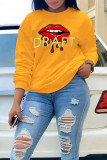 Yellow Fashion Casual Lips Printed Patchwork O Neck Tops