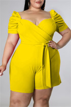 Macacão casual fashion amarelo sólido vazado com decote em V plus size